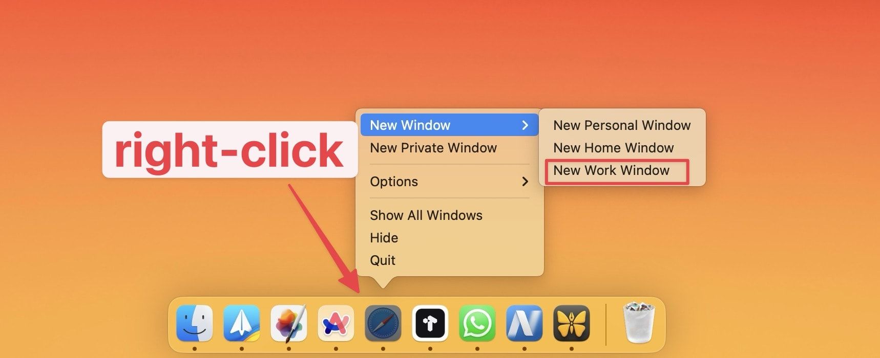 Screenshot showing right-click menu on Safari Dock icon