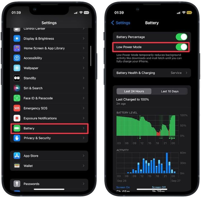 enable low power mode on iphone using settings