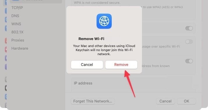 remove wi-fi network on your mac confirmation dialog screenshot