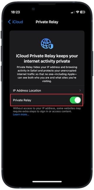Turning on iCloud Private Relay on iPhone