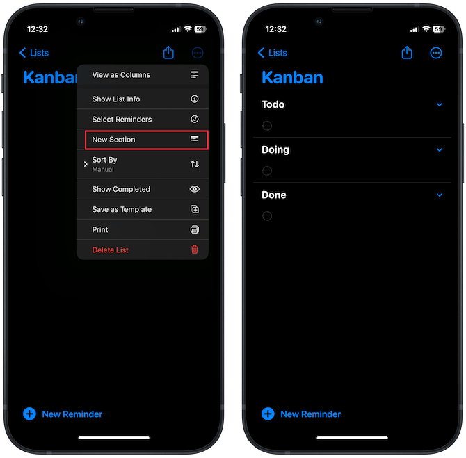Adding Sections in Apple Reminders on iPhone