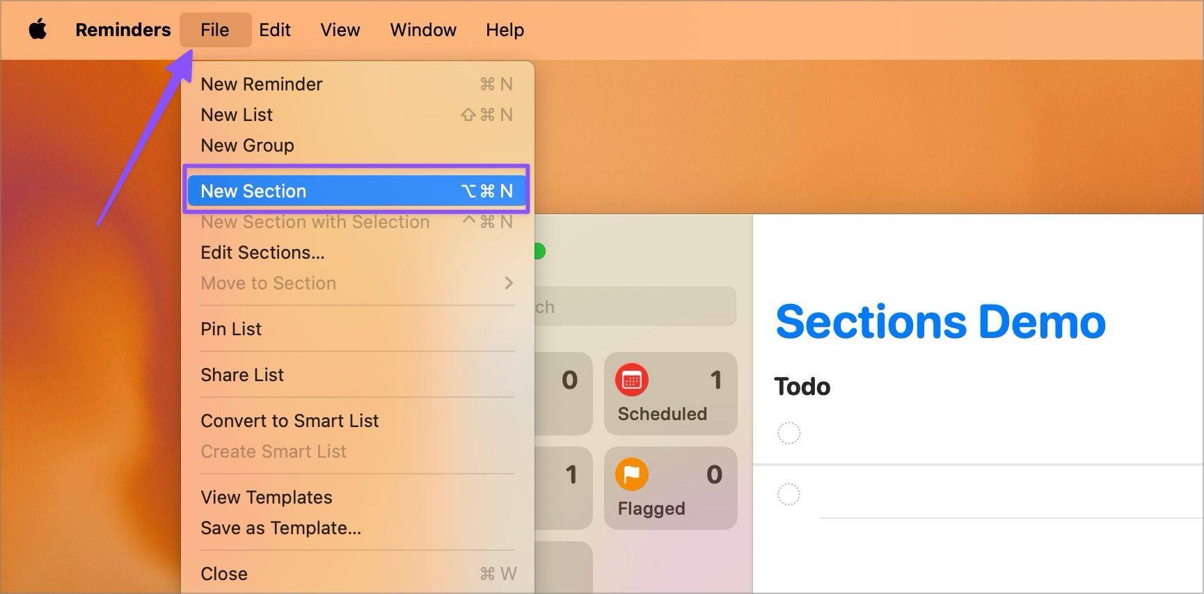 Adding sections in Apple reminders on Mac using file menu