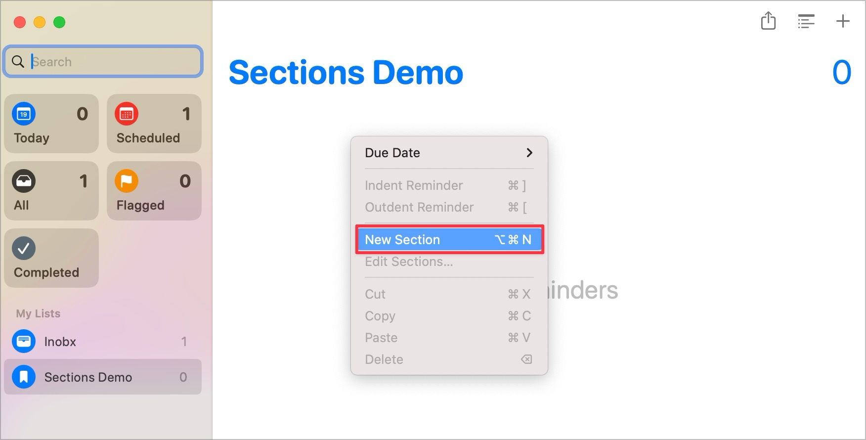 Adding sections in Apple reminders on Mac using right-click