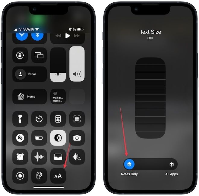 open text size option in Control Center