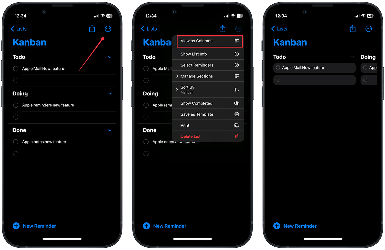 Creating Kanban View in Apple Reminders on iPhone