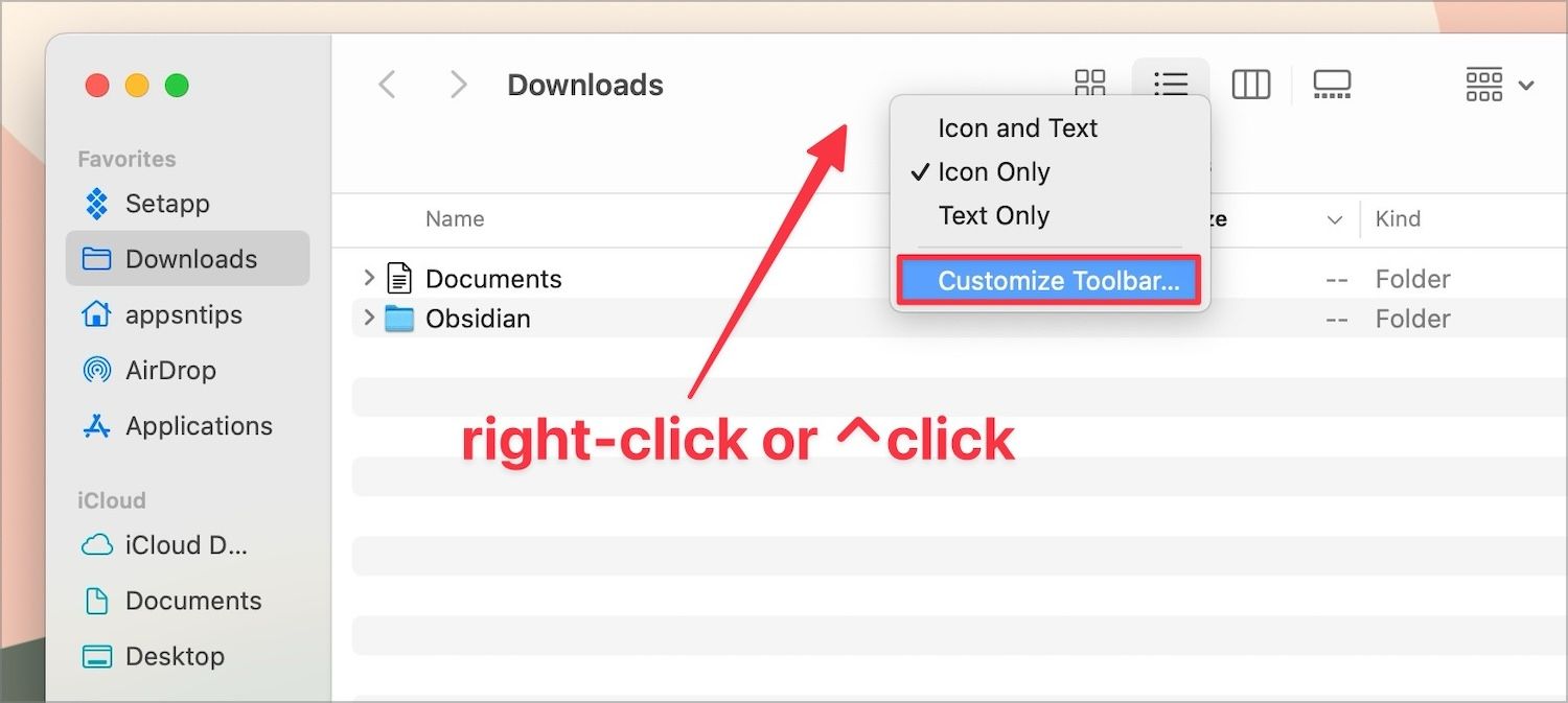 Right-click menu in Finder toolbar