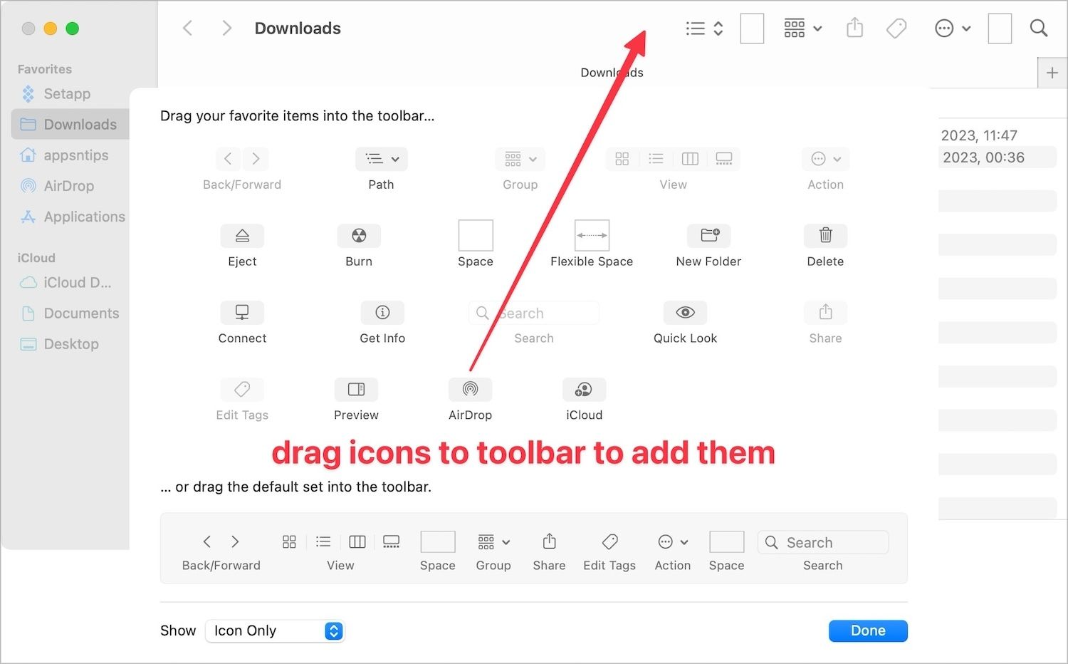 Finder toolbar customization UI