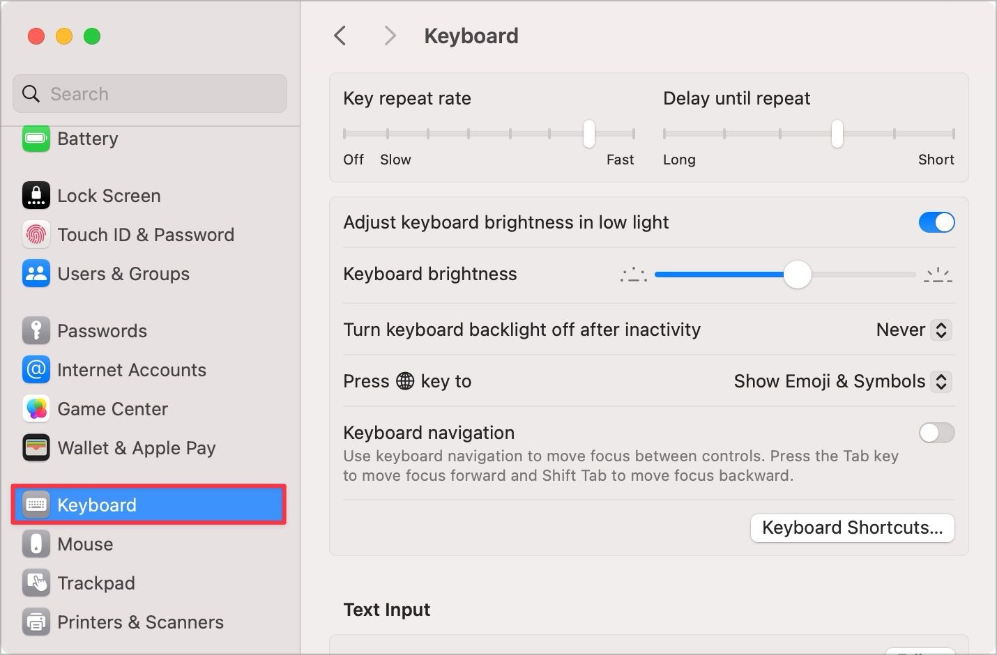 System Settings screenshot showing Keyboard option