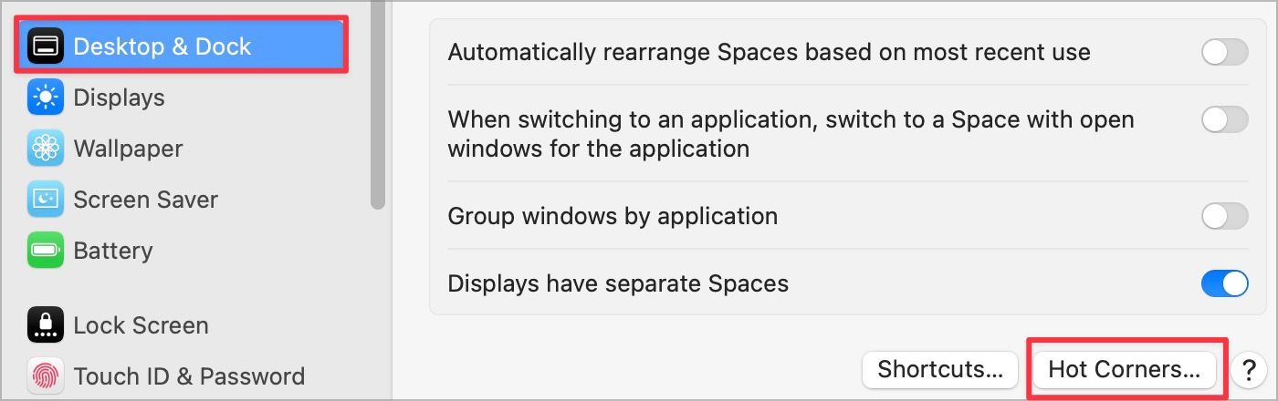 Desktop & Dock settings screenshot showing Hot Corners