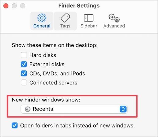 New Window show settings in Finder