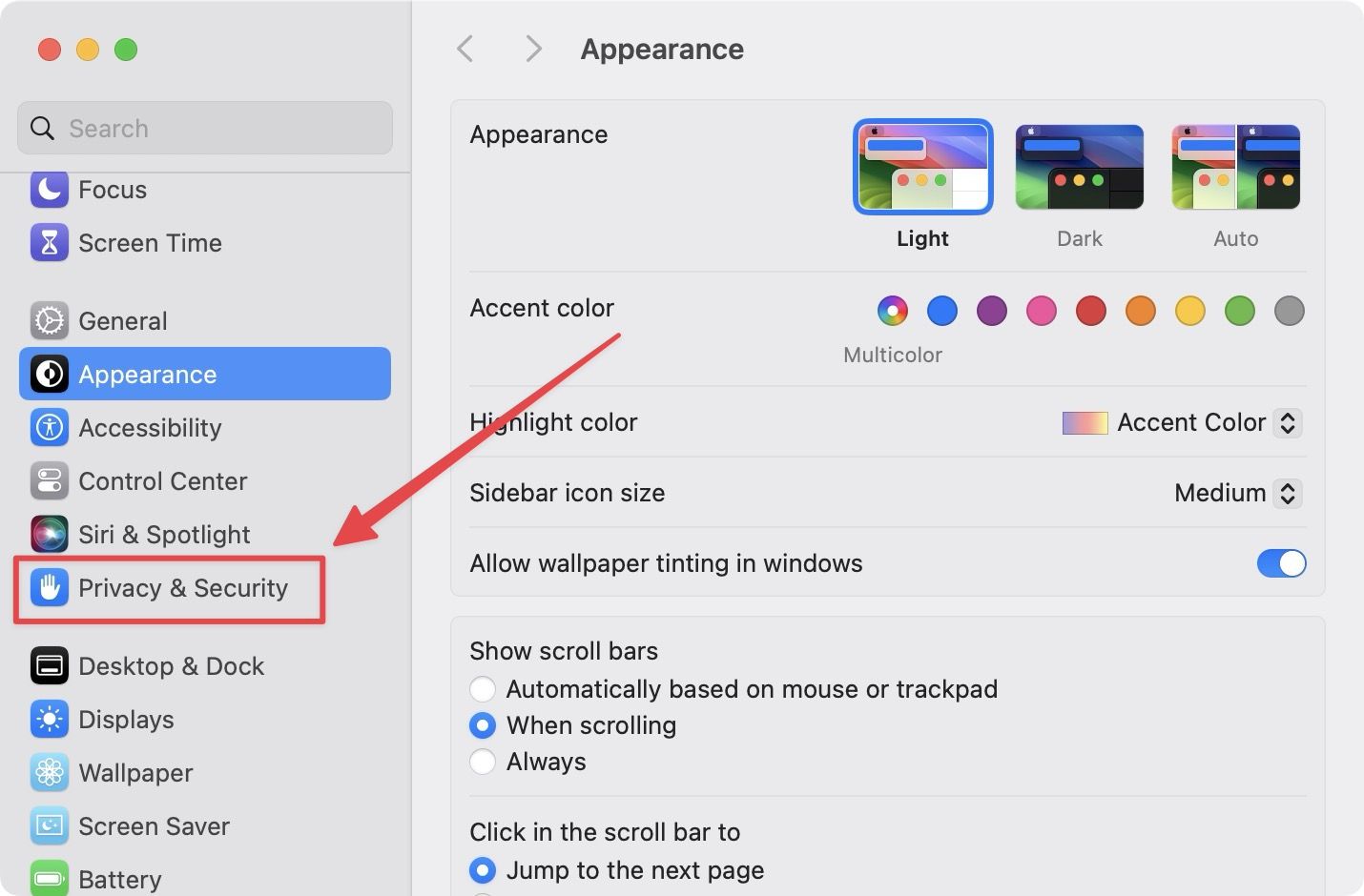 Opening Privacy & Security Settings