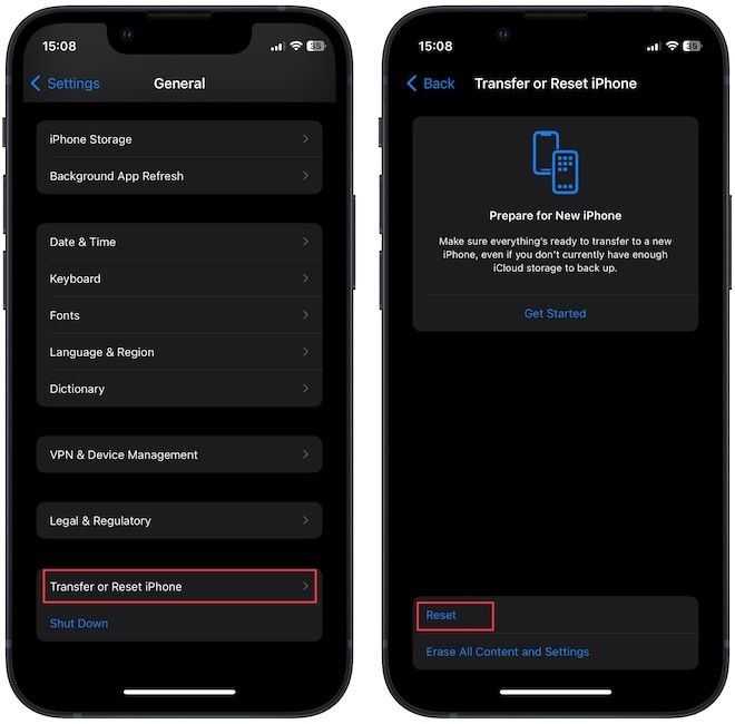 Transfer or Reset iPhone option