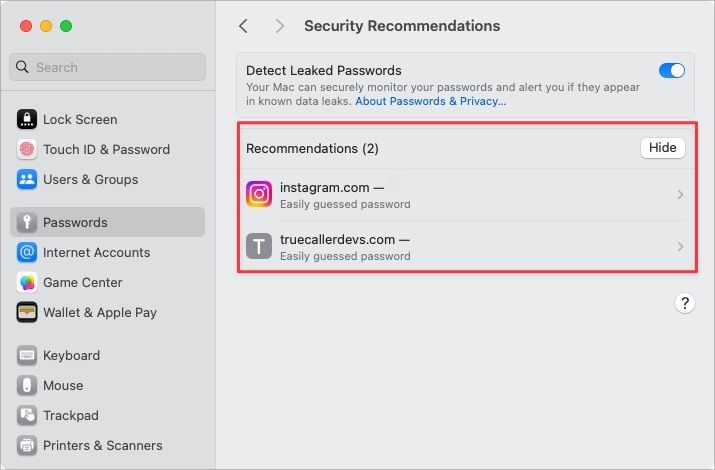 Security Recommendations settings page showing recommendations