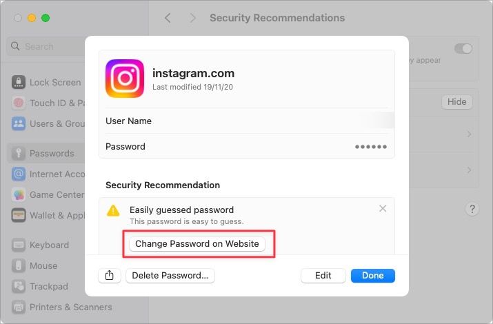 Change password on website option