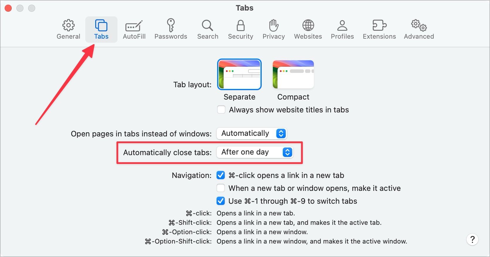 Safari Tabs setting