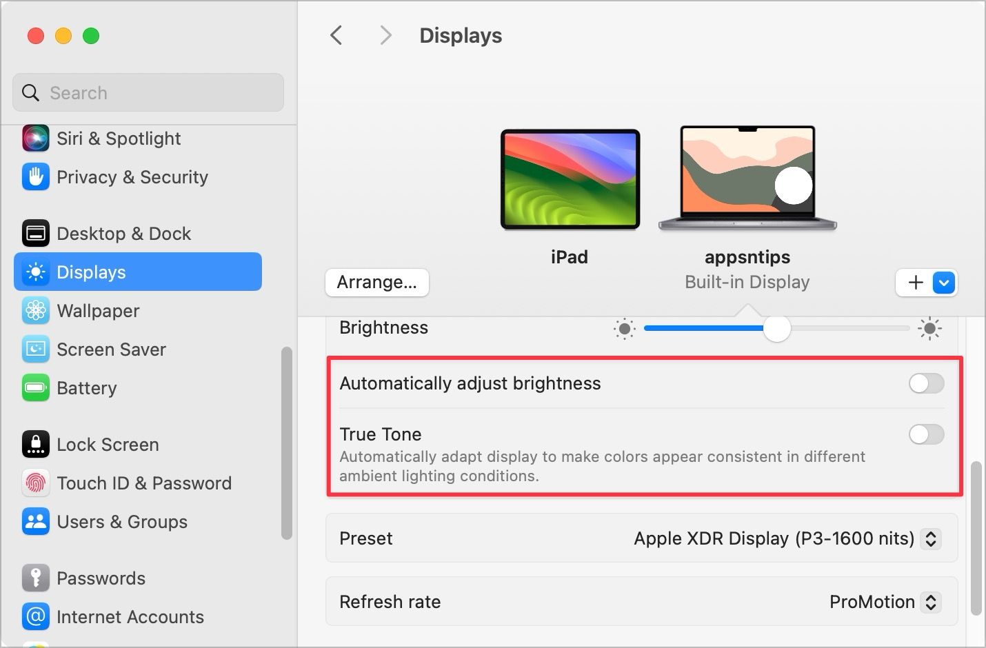 Turning of auto brightness and true tone in macOS