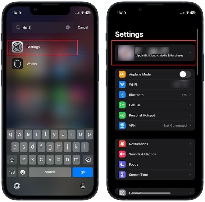 Opening Settings on iPhone