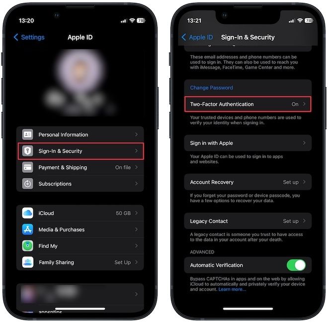 Opening 2FA Settings on iPhone