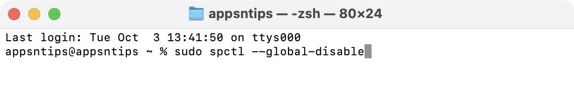Terminal running sudo spctl --global-disable command