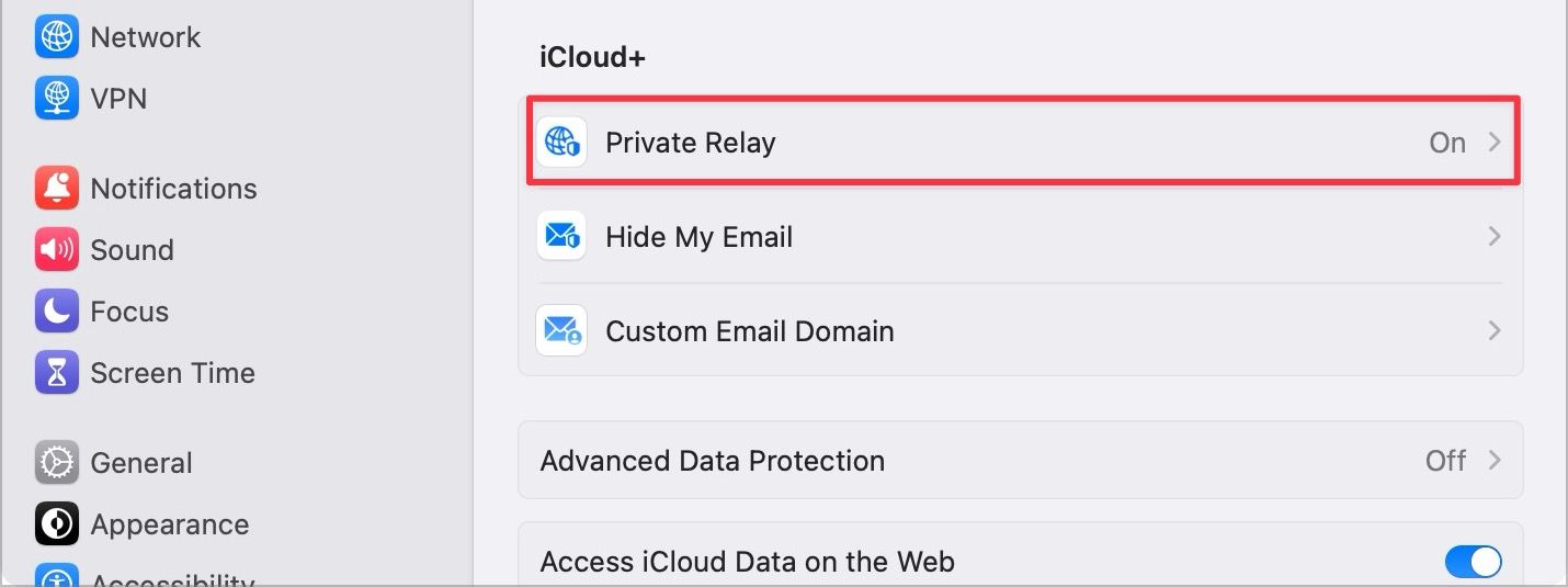 Opening Private Relay Settings
