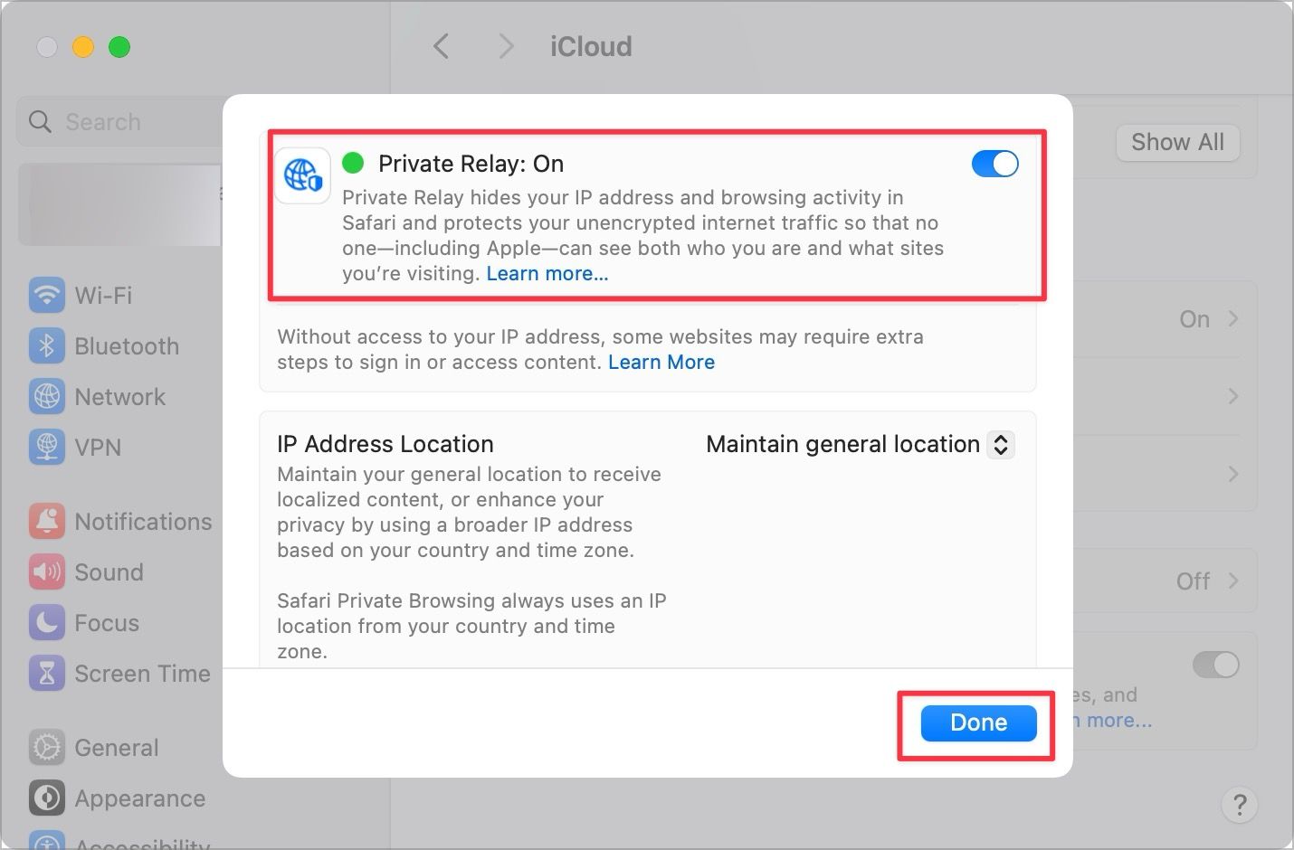 Turning on Private Relay on Mac
