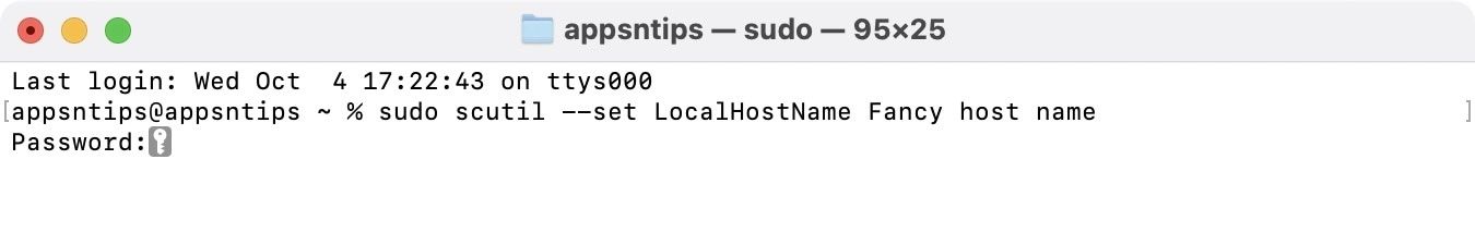 running sudo scutil --set LocalHostName Fancy host name command in Terminal