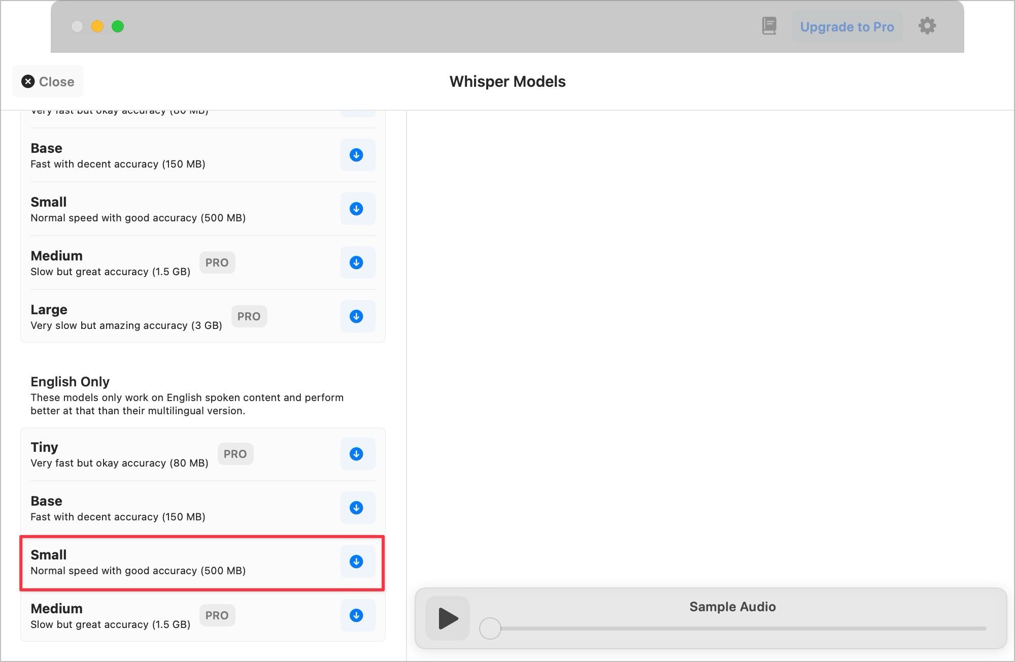 downloading the Small model