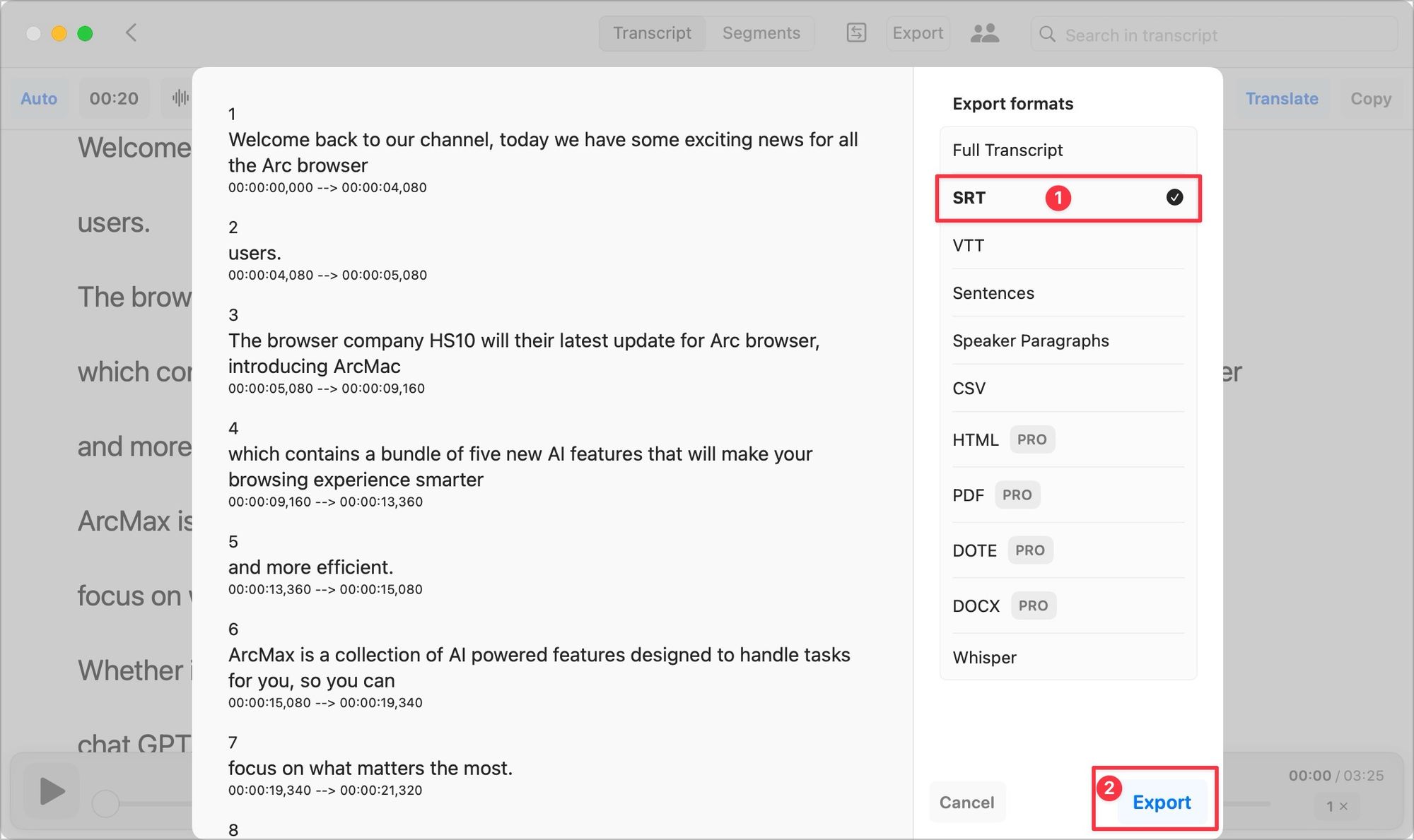 MacWhisper Export window showing SRT option