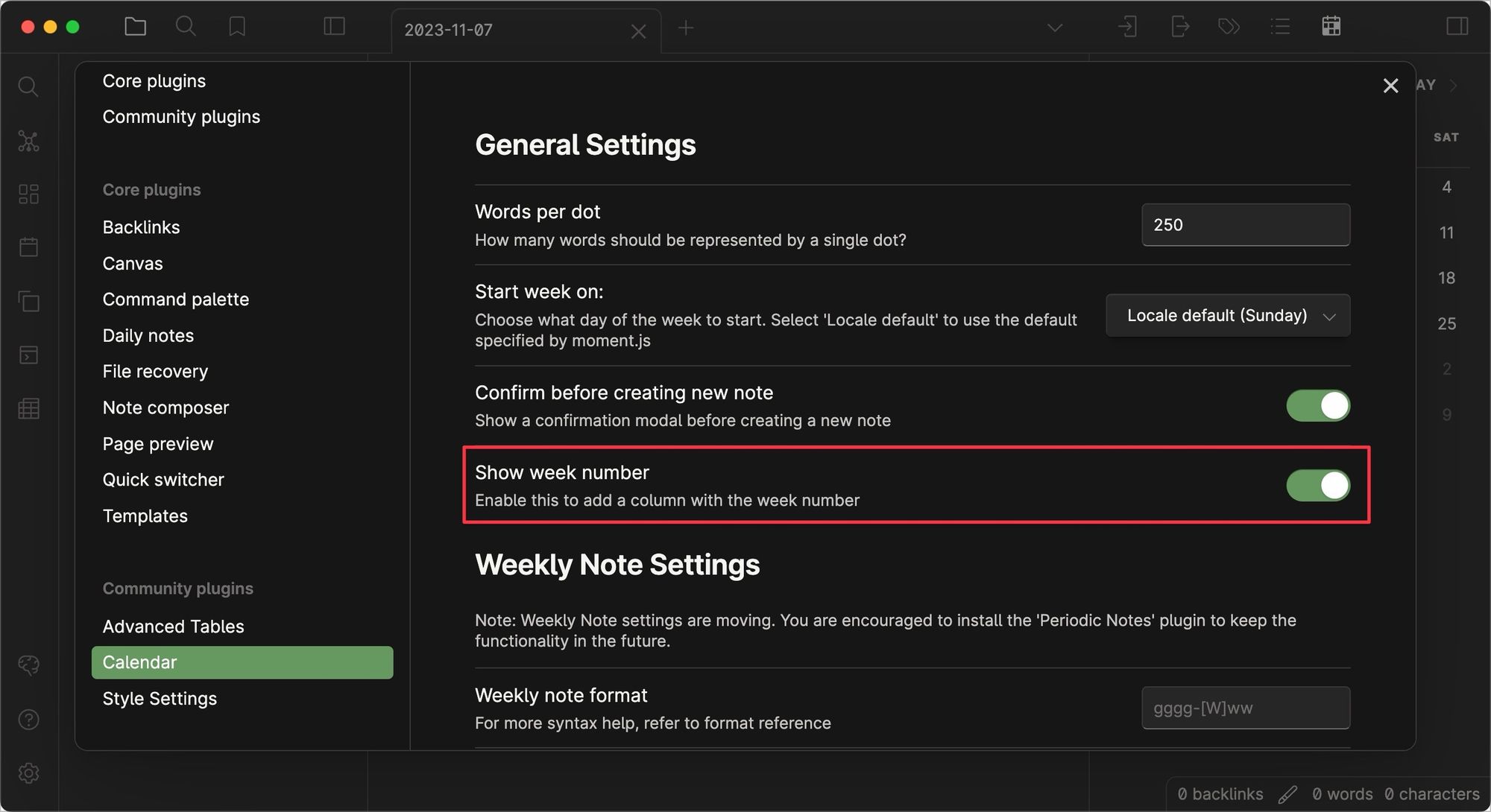 Enabling week number in Obsidian calendar plugin