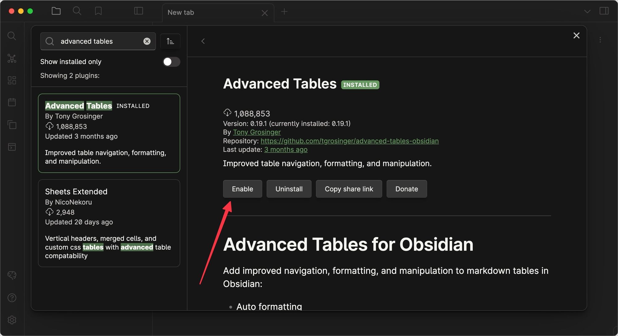 Enabling plugin in Obsidian