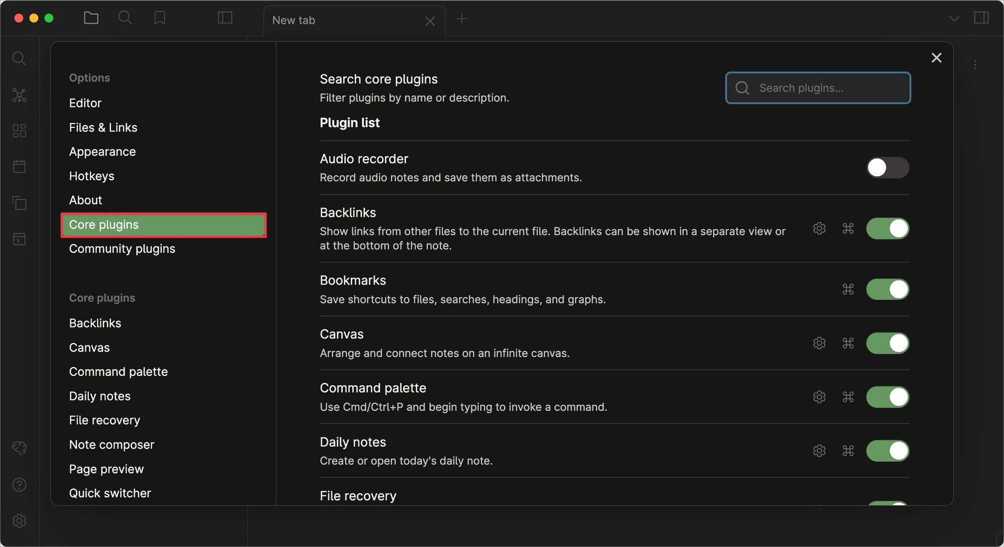 Obsidian core plugins screenshot