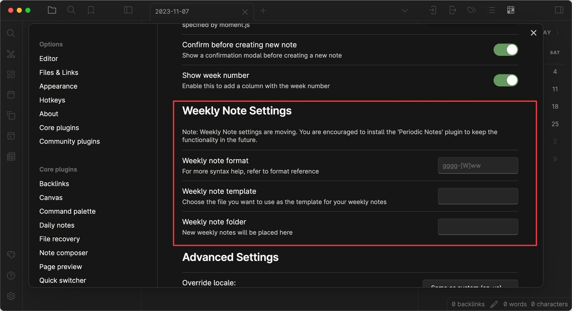 Obsidian weekly notes settings
