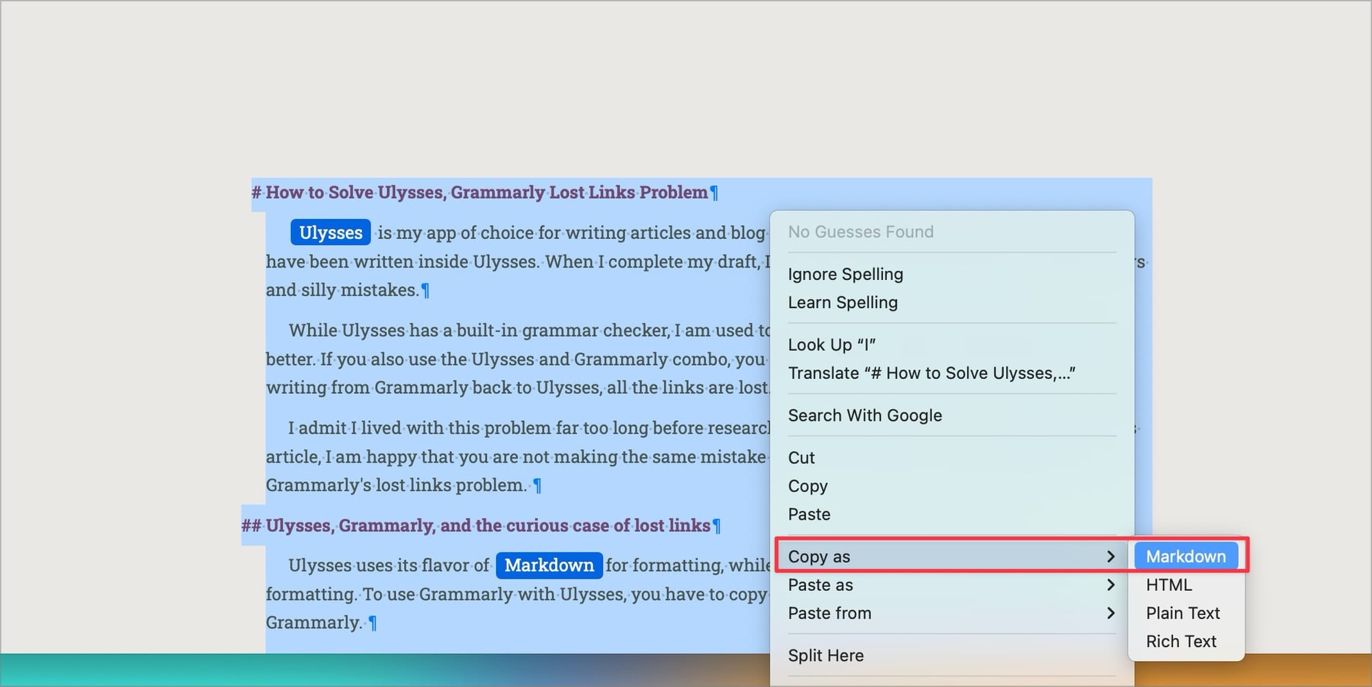 Copying text as markdown using Copy as menu in Ulysses