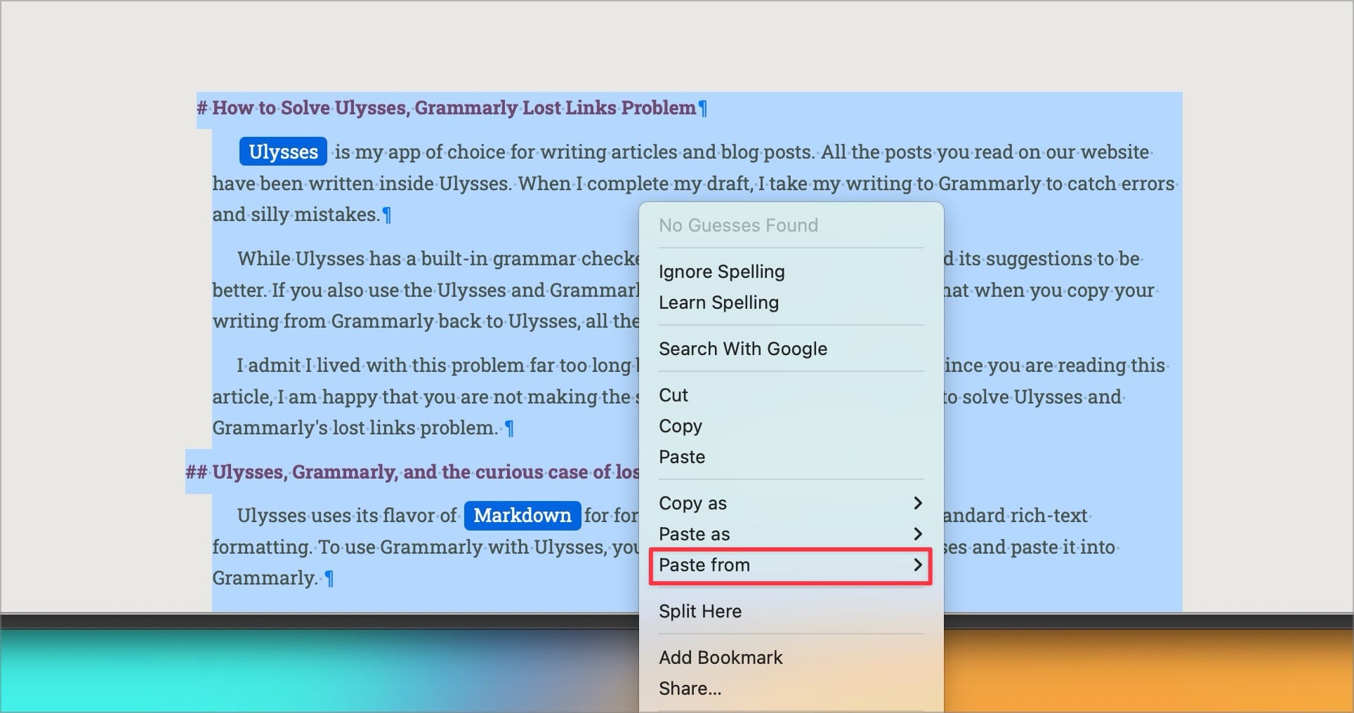 Paste from item in right-click menu in Ulysses