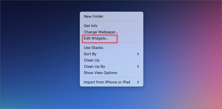 Desktop right-click menu screenshot showing Edit Widgets option