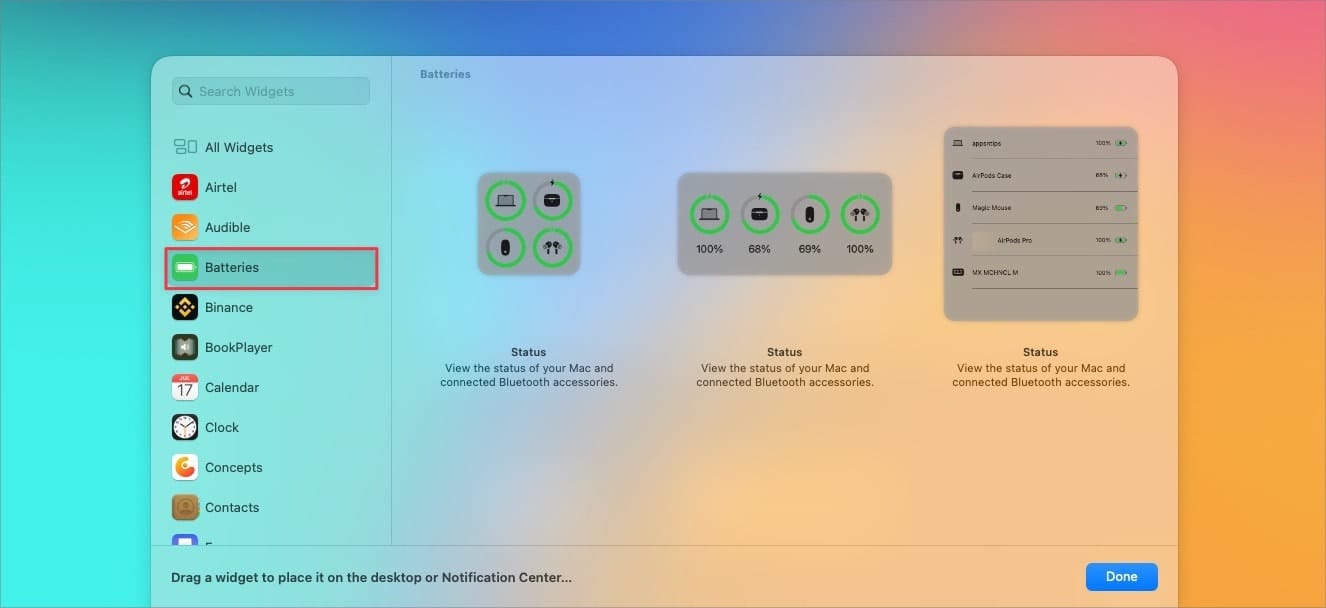 Widget panel showing battery widget