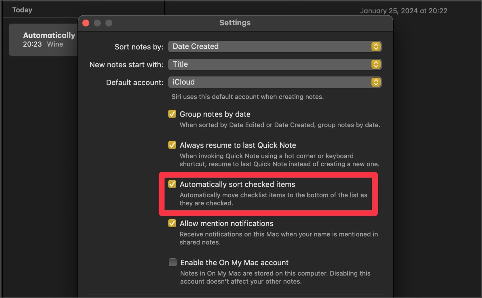 Apple Notes Settings page screenshot