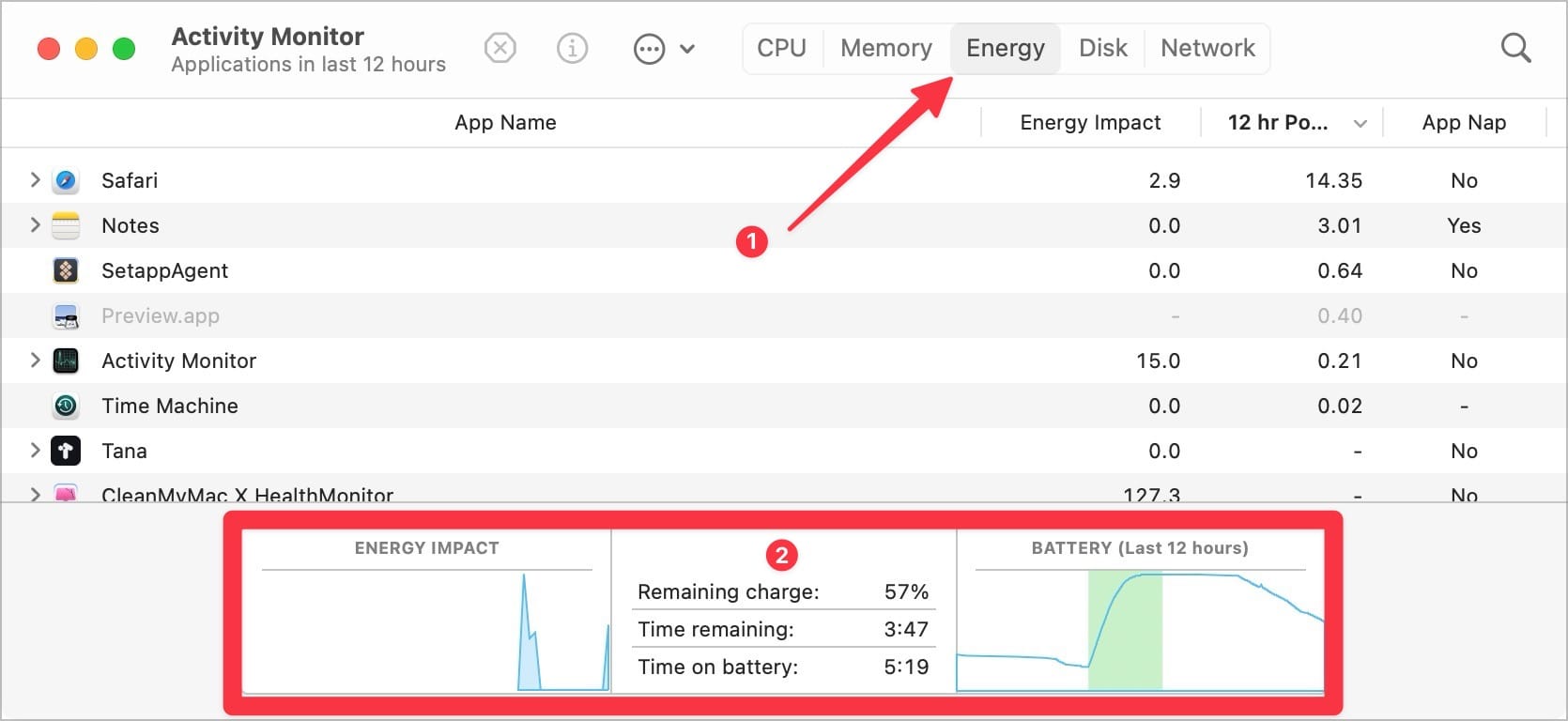 Energy tab in Activity Monitor