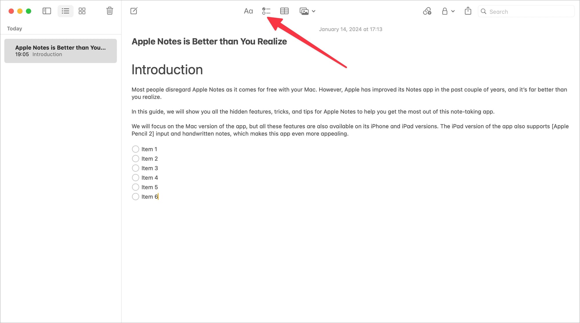 Creating checklist in Apple Notes