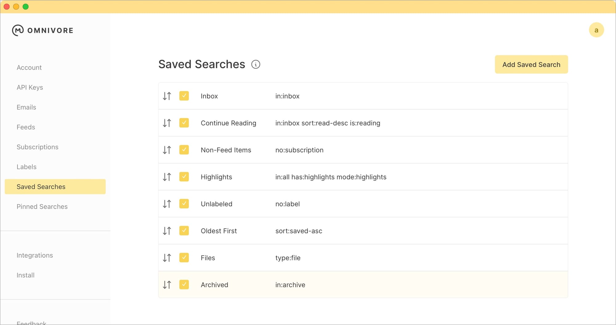 Edit Saved Searches Page in Omnivore