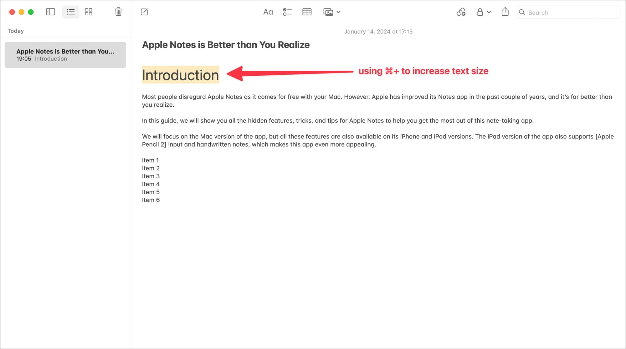 Increasing text size in apple notes
