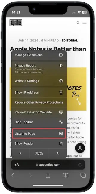 Safari AA menu showing Listen to Page button