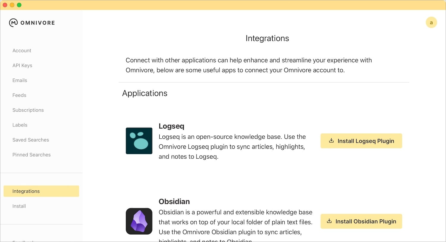 Omnivore Integrations page screenshot 1