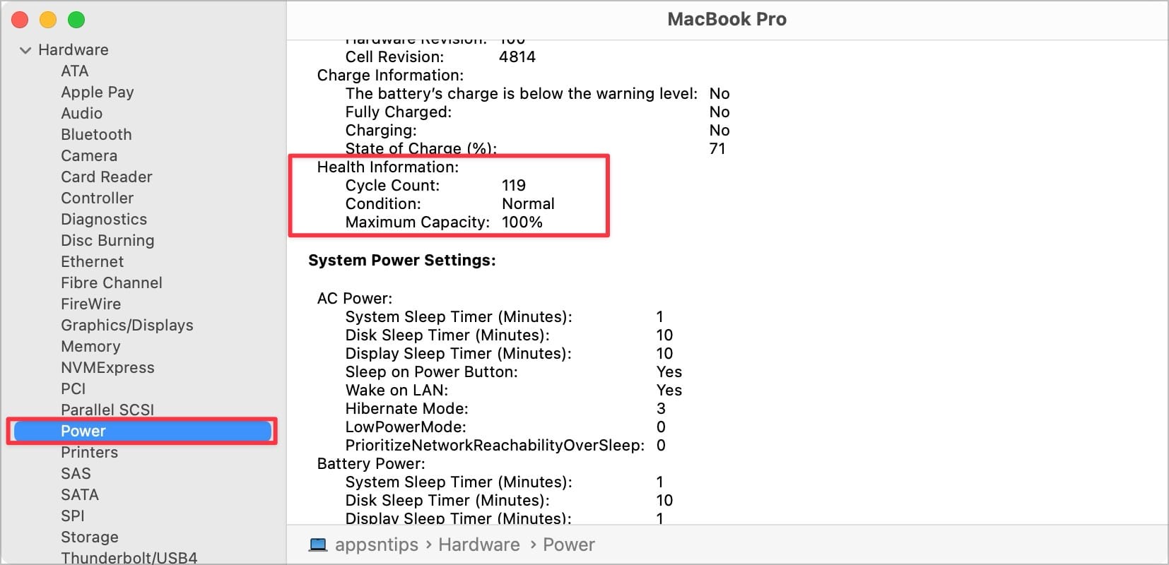 Power menu showing battery cycle count