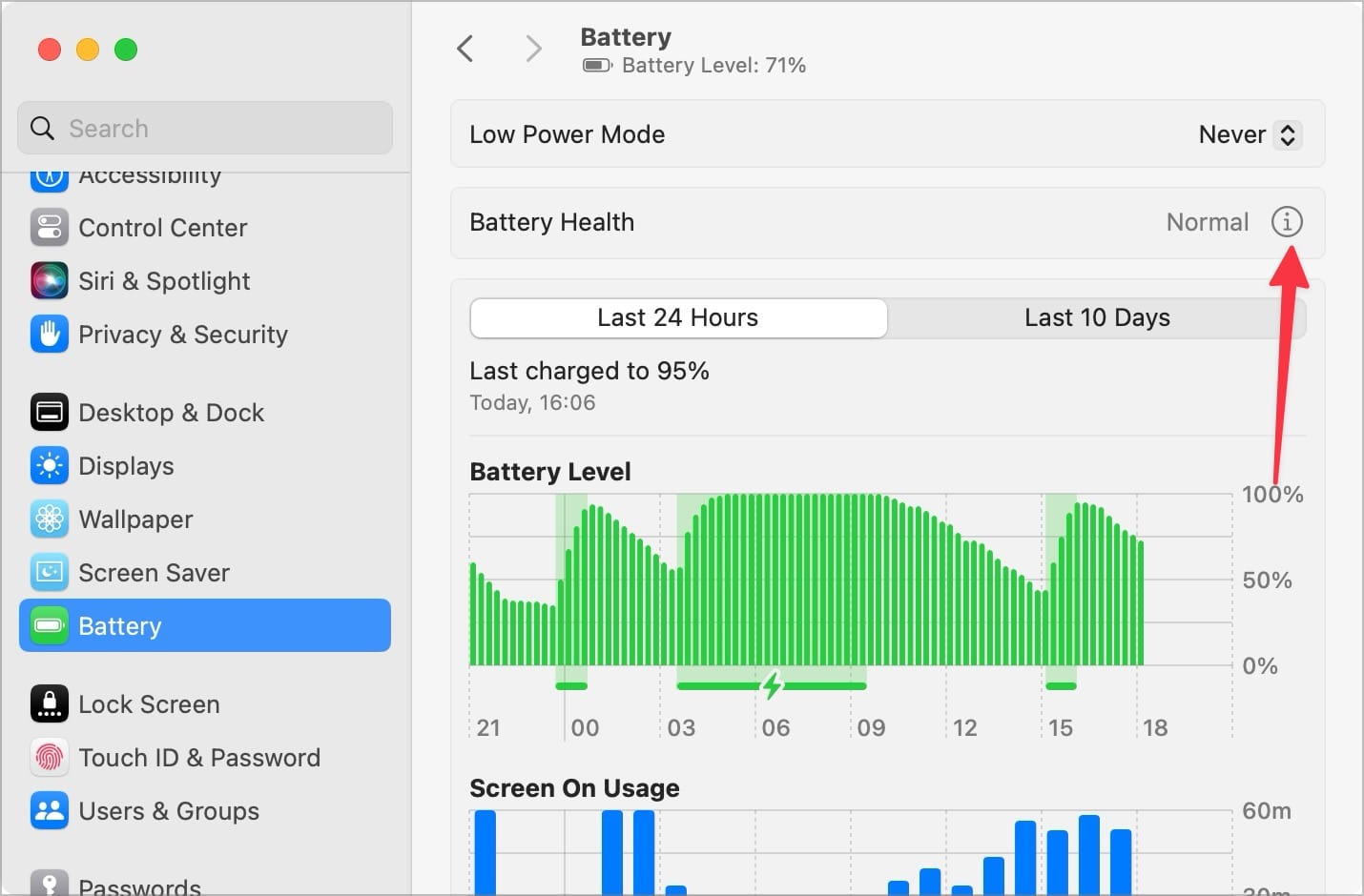 Battery menu screenshot showing Battery Health option