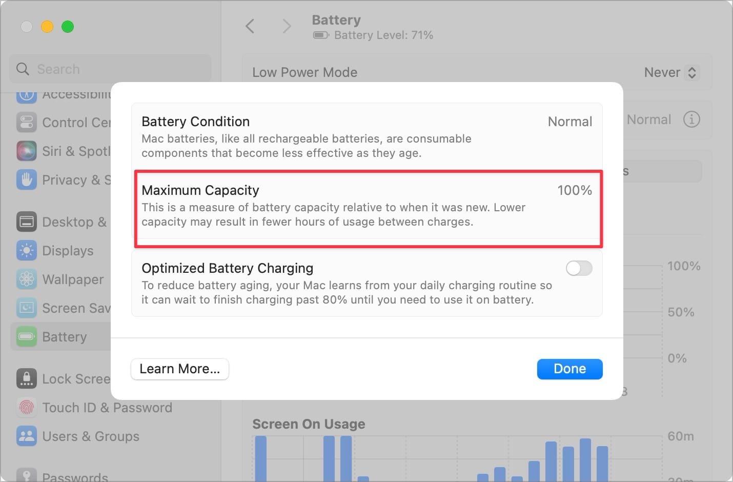 Battery health screenshot showing Maximum capacity