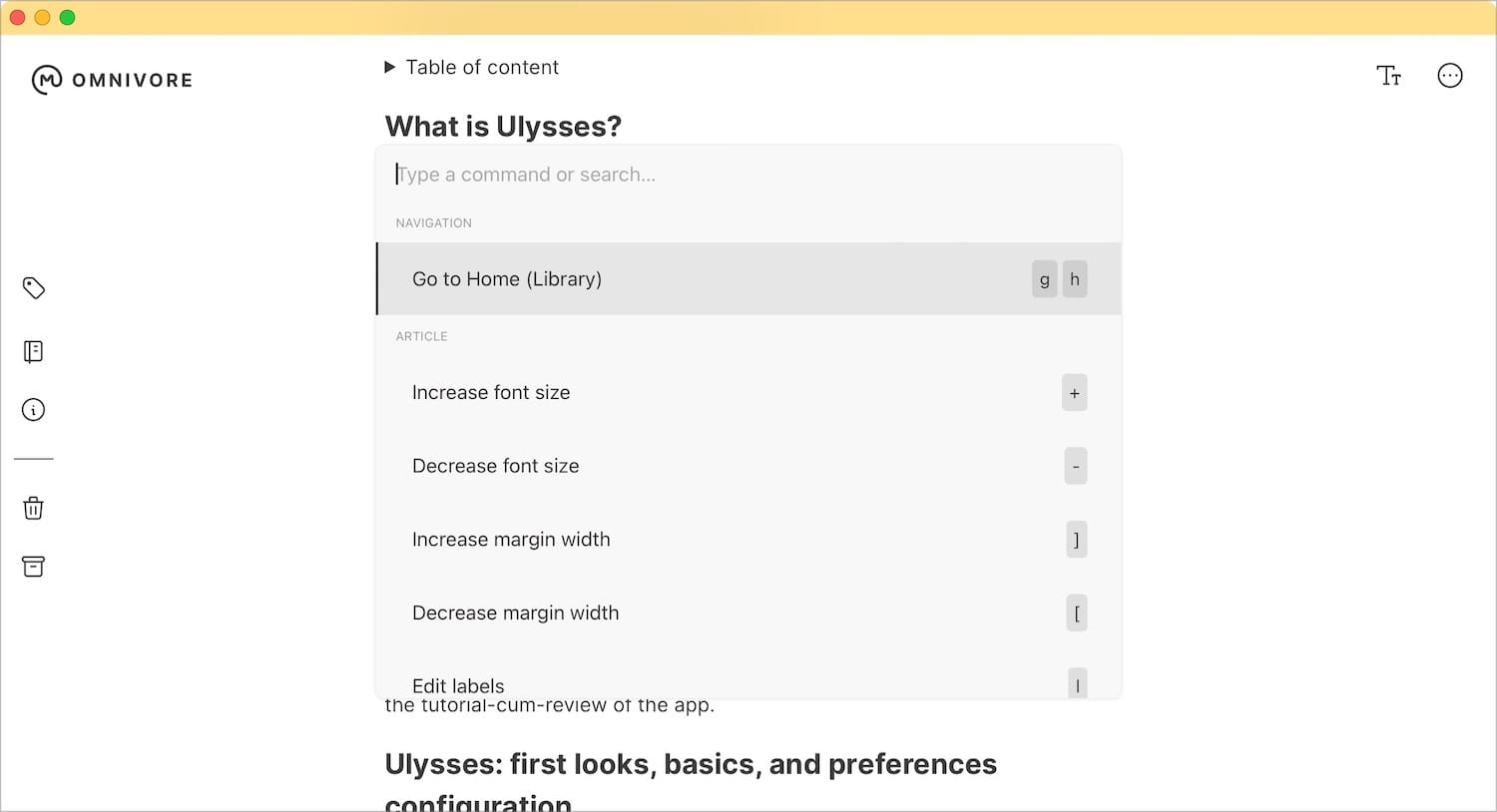 command bar in Omnivore in article