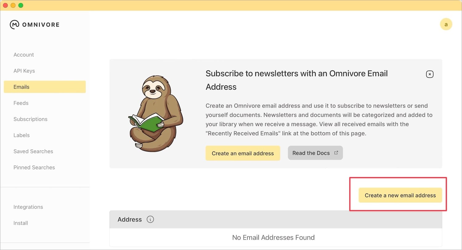 Creating an email address in Omnivore