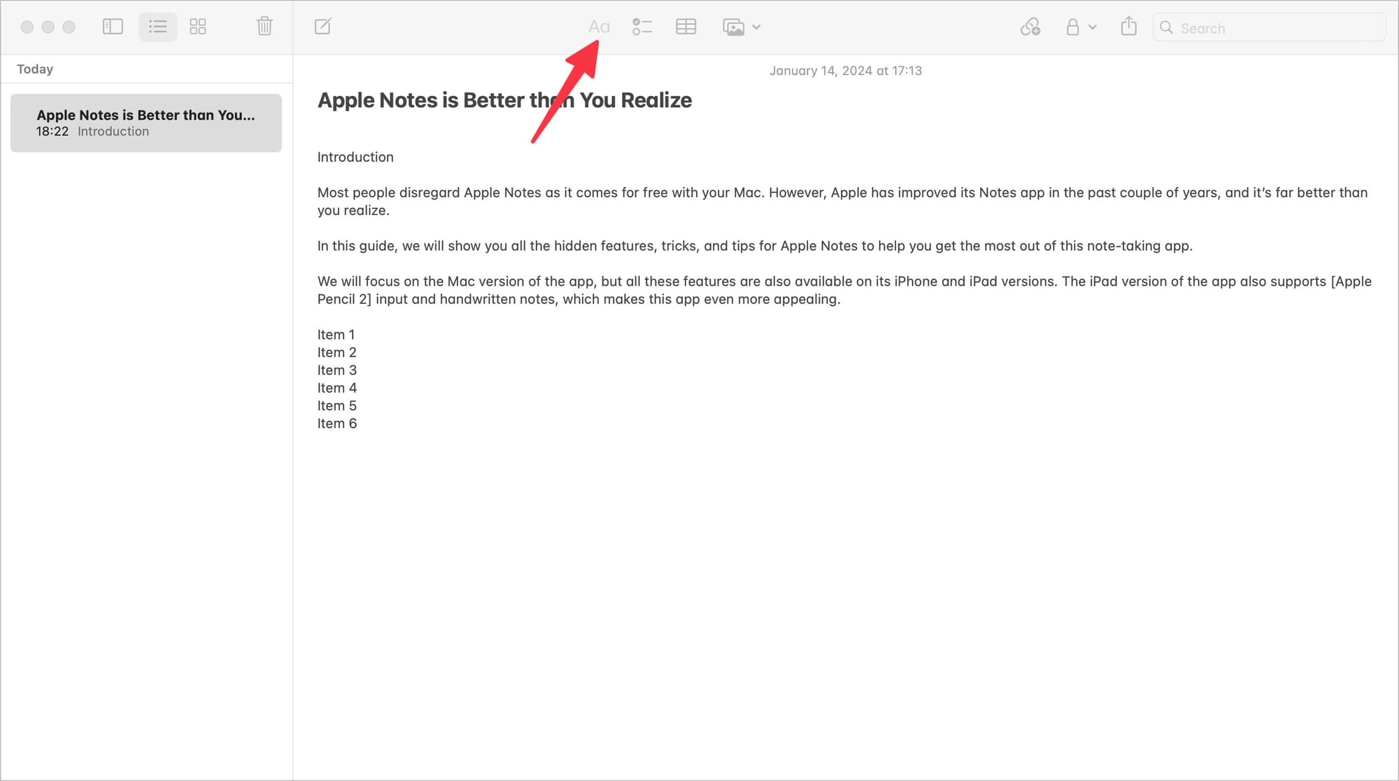 Aa button in Apple Notes