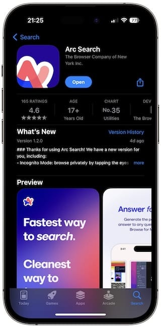 Arc Search App Store Listing